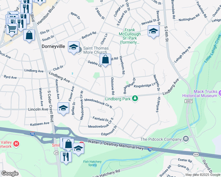 map of restaurants, bars, coffee shops, grocery stores, and more near 1078 Oldstone Road in Allentown