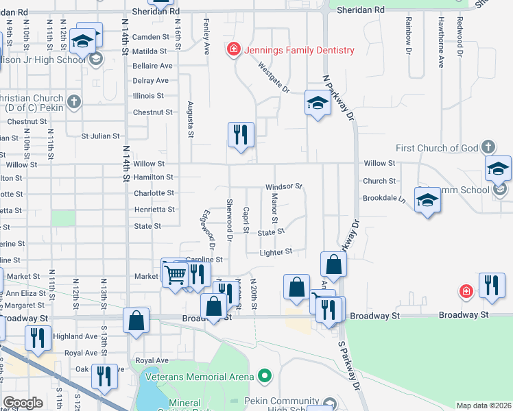 map of restaurants, bars, coffee shops, grocery stores, and more near 423 Fairlane Avenue in Pekin
