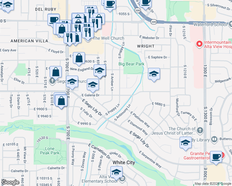 map of restaurants, bars, coffee shops, grocery stores, and more near 9811 South Amber Lane in Sandy