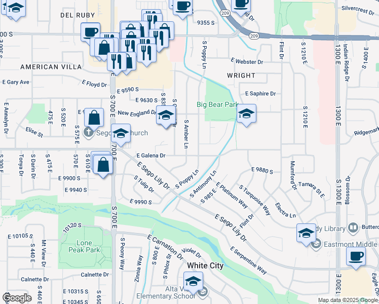 map of restaurants, bars, coffee shops, grocery stores, and more near 9811 South Amber Lane in Sandy