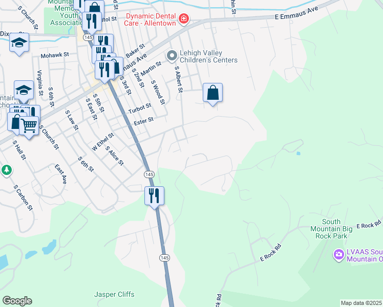 map of restaurants, bars, coffee shops, grocery stores, and more near 29 East Eaton Street in Allentown