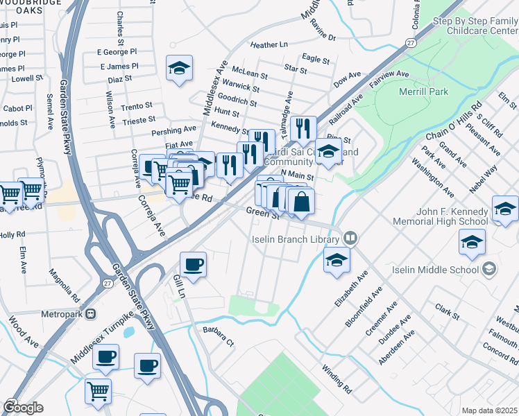 map of restaurants, bars, coffee shops, grocery stores, and more near 1222 Green Street in Woodbridge Township