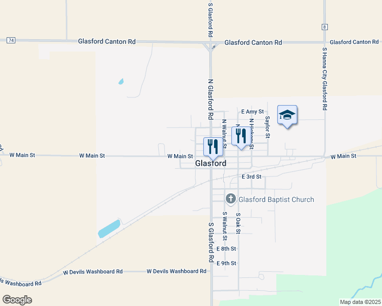 map of restaurants, bars, coffee shops, grocery stores, and more near 111 North Fahnestock Street in Glasford