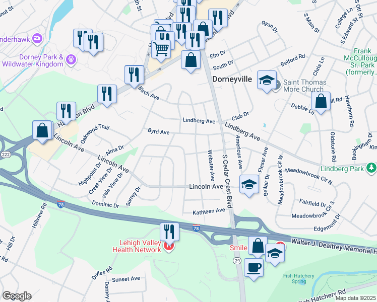 map of restaurants, bars, coffee shops, grocery stores, and more near 3487 Catherine Avenue in Allentown