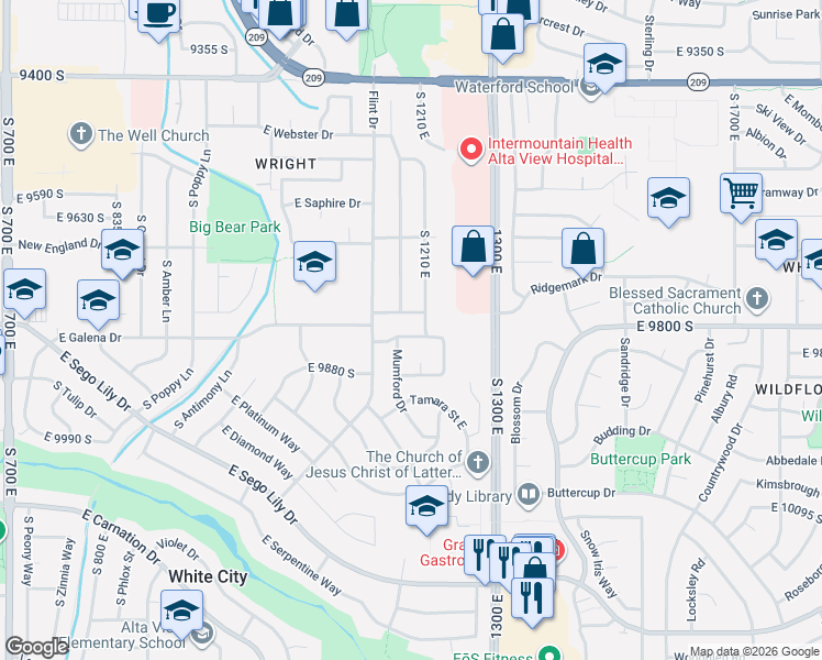 map of restaurants, bars, coffee shops, grocery stores, and more near 1199 Tiger Eye Drive in Sandy