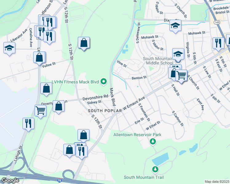 map of restaurants, bars, coffee shops, grocery stores, and more near 1023 Devonshire Road in Allentown