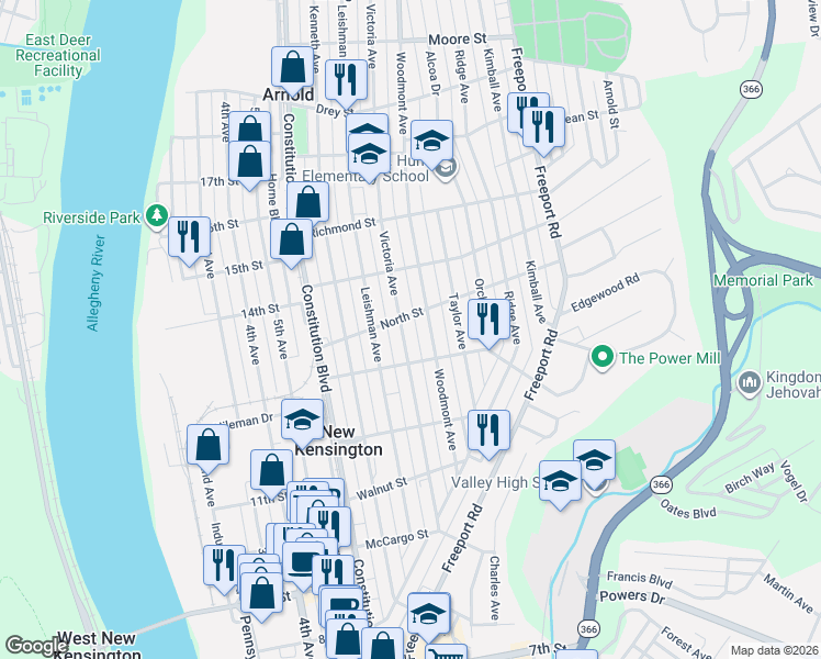 map of restaurants, bars, coffee shops, grocery stores, and more near 1501 Victoria Avenue in New Kensington