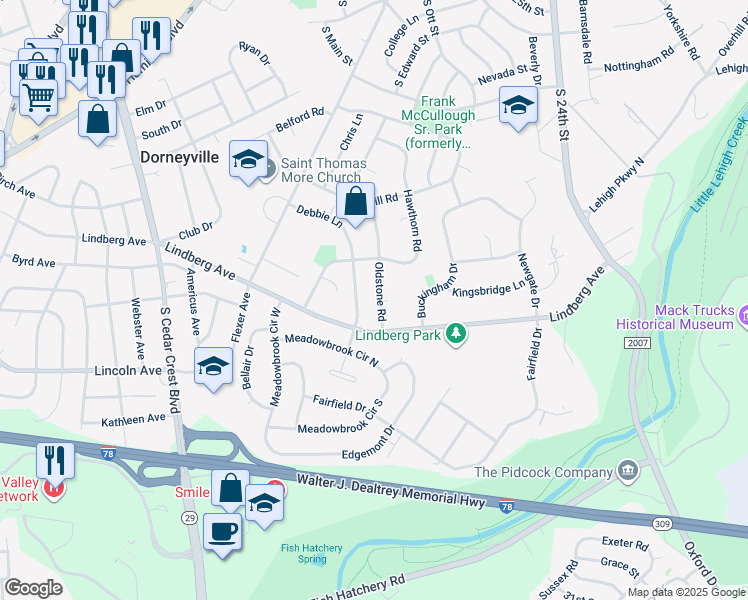 map of restaurants, bars, coffee shops, grocery stores, and more near 1078 Oldstone Road in Allentown
