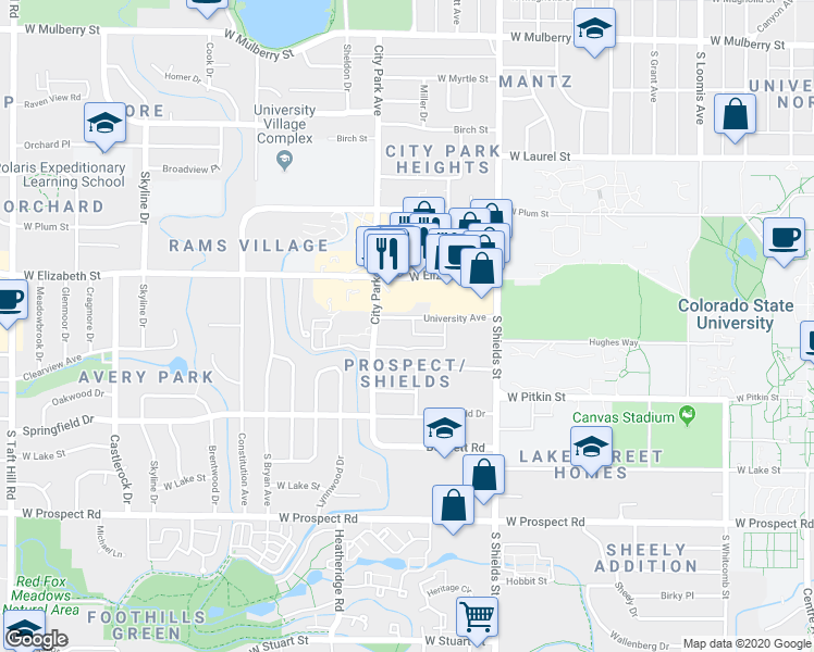map of restaurants, bars, coffee shops, grocery stores, and more near 1221 University Avenue in Fort Collins