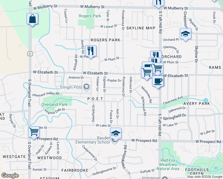 map of restaurants, bars, coffee shops, grocery stores, and more near 2416 Tamarac Drive in Fort Collins