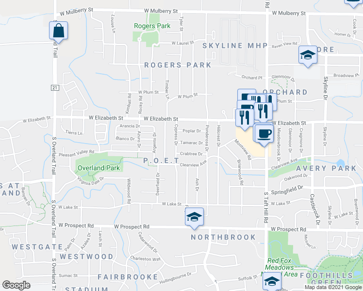 map of restaurants, bars, coffee shops, grocery stores, and more near 2436 Tamarac Drive in Fort Collins