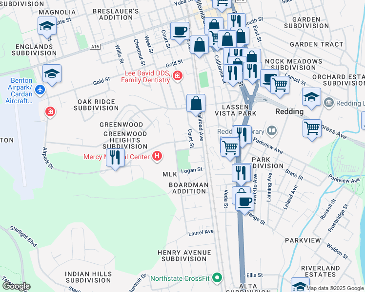 map of restaurants, bars, coffee shops, grocery stores, and more near 2432 Court Street in Redding