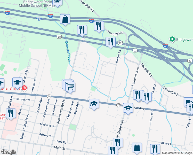 map of restaurants, bars, coffee shops, grocery stores, and more near 111 Chelsea Way in Bridgewater Township