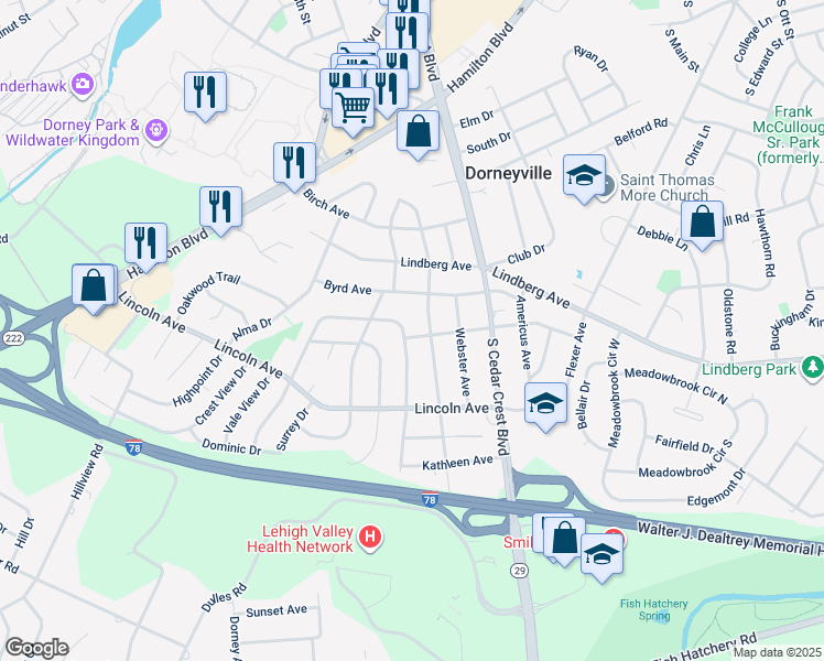 map of restaurants, bars, coffee shops, grocery stores, and more near 3487 Catherine Avenue in Allentown