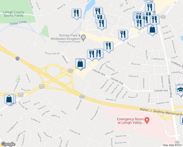 map of restaurants, bars, coffee shops, grocery stores, and more near 3834 Lincoln Avenue in Allentown