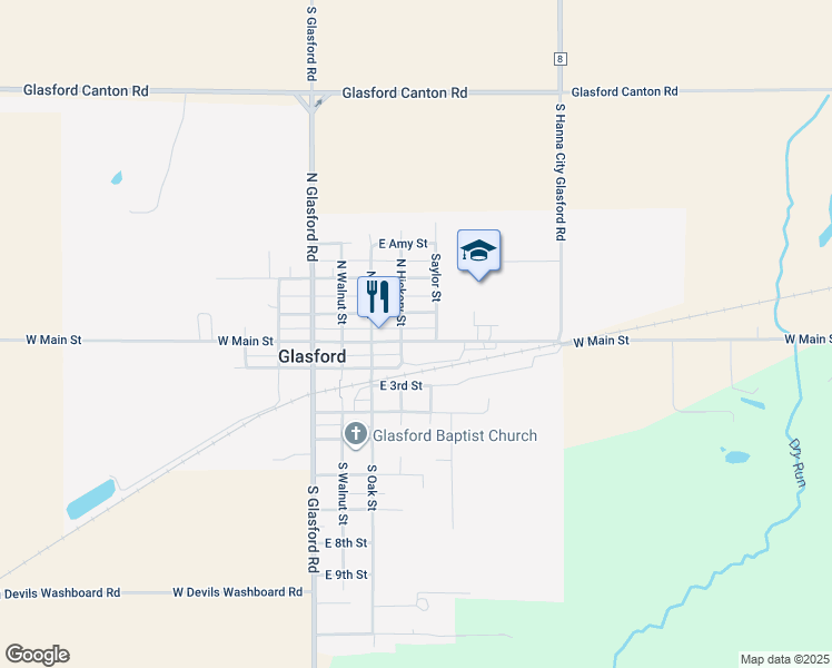 map of restaurants, bars, coffee shops, grocery stores, and more near 413 East Essex Street in Glasford
