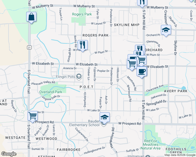 map of restaurants, bars, coffee shops, grocery stores, and more near 2436 Tamarac Drive in Fort Collins
