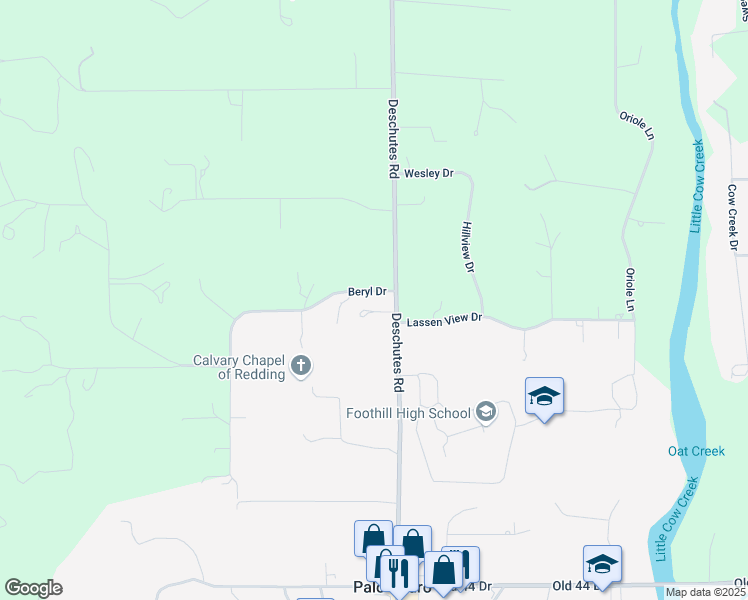 map of restaurants, bars, coffee shops, grocery stores, and more near 21700-21790 Beryl Dr in Palo Cedro