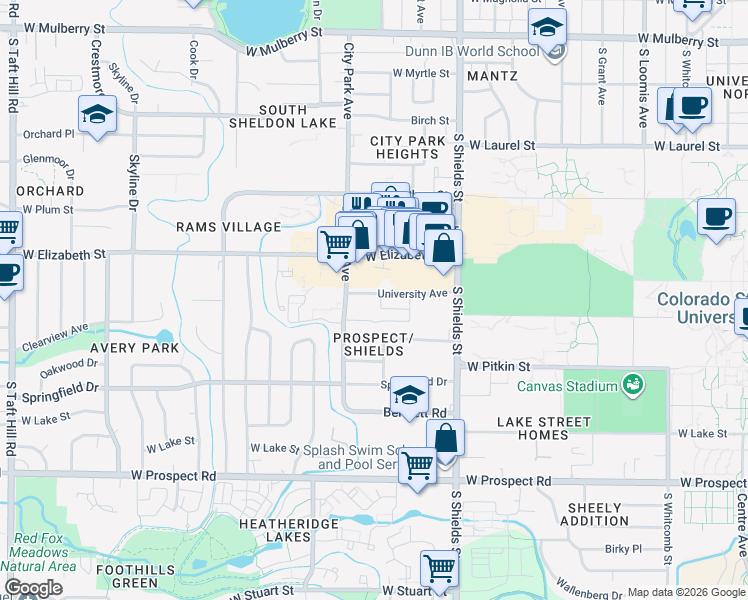 map of restaurants, bars, coffee shops, grocery stores, and more near 1301 University Avenue in Fort Collins