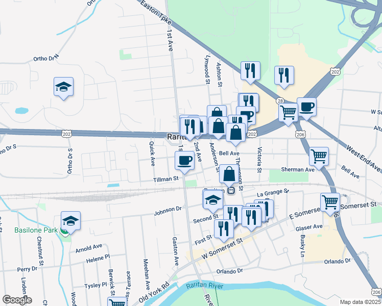 map of restaurants, bars, coffee shops, grocery stores, and more near 608 Farrand Street in Raritan