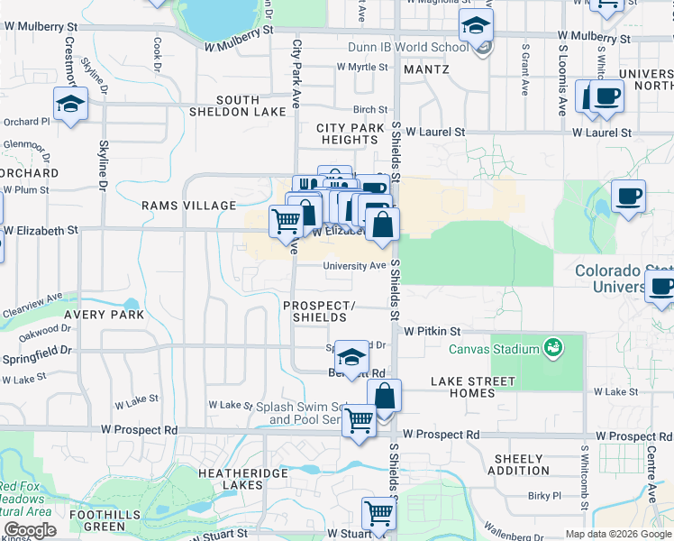 map of restaurants, bars, coffee shops, grocery stores, and more near 1221 University Avenue in Fort Collins