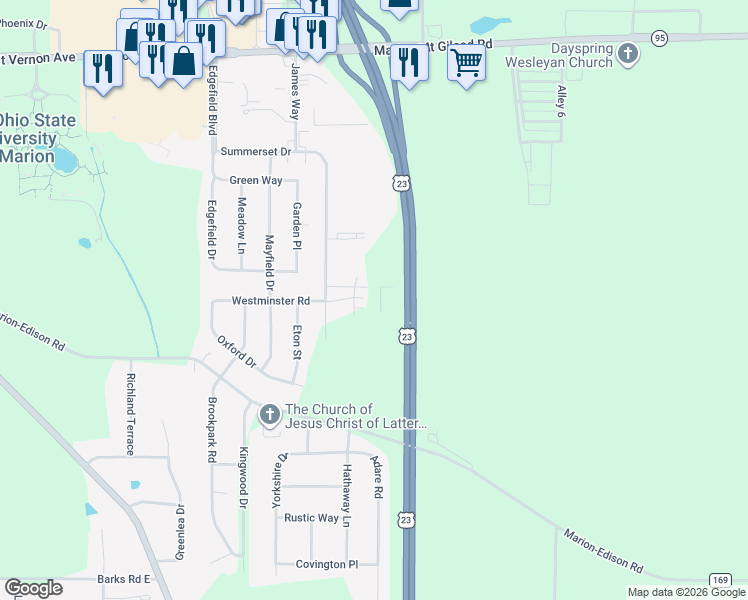 map of restaurants, bars, coffee shops, grocery stores, and more near 1909 Sussex Way in Marion