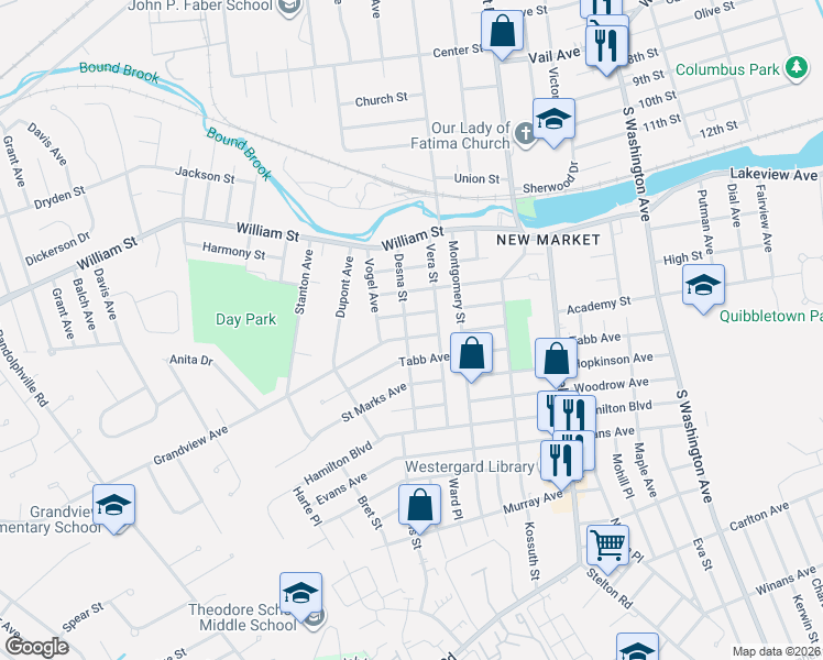 map of restaurants, bars, coffee shops, grocery stores, and more near 57 Desna Street in Piscataway