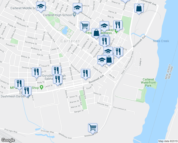 map of restaurants, bars, coffee shops, grocery stores, and more near 17 Atlantic Street in Carteret