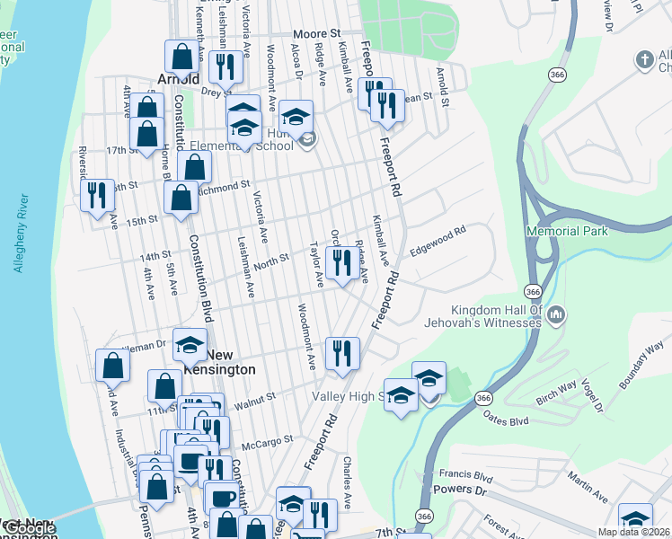 map of restaurants, bars, coffee shops, grocery stores, and more near 1345 Orchard Avenue in New Kensington