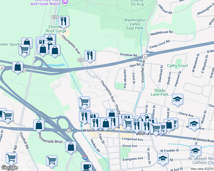 map of restaurants, bars, coffee shops, grocery stores, and more near 665 Thompson Avenue in Bound Brook