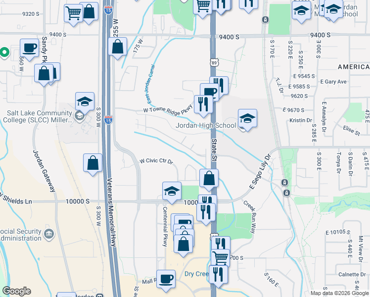map of restaurants, bars, coffee shops, grocery stores, and more near 77 West Alta View Way in Sandy