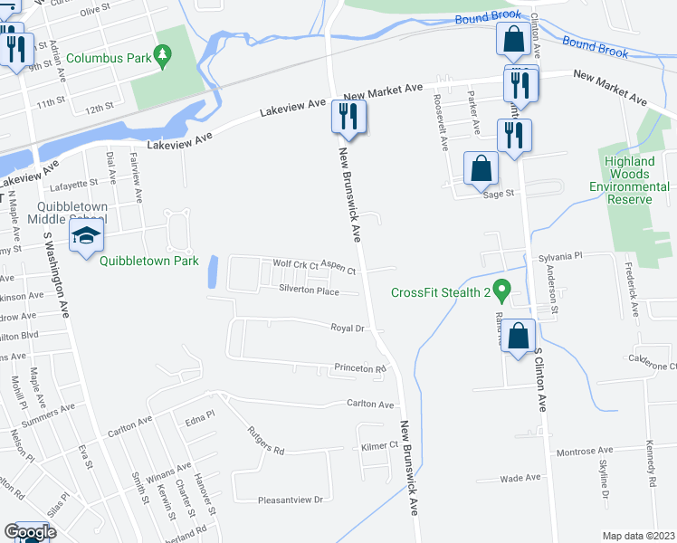 map of restaurants, bars, coffee shops, grocery stores, and more near 111 SteamBoat Way in Piscataway
