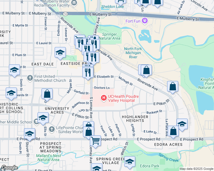 map of restaurants, bars, coffee shops, grocery stores, and more near 1020 Luke Street in Fort Collins