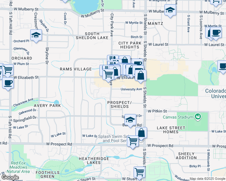 map of restaurants, bars, coffee shops, grocery stores, and more near 1324 University Avenue in Fort Collins