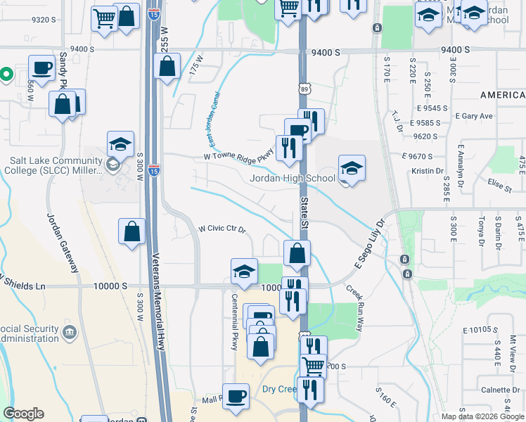 map of restaurants, bars, coffee shops, grocery stores, and more near 101 West Alta View Way in Sandy