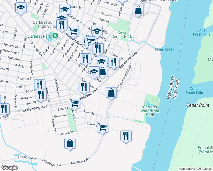 map of restaurants, bars, coffee shops, grocery stores, and more near 704 Abbi Road in Carteret
