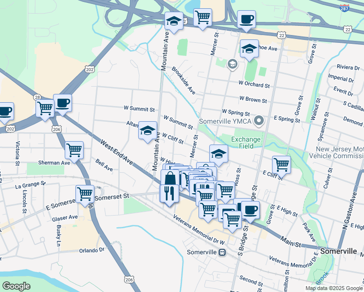 map of restaurants, bars, coffee shops, grocery stores, and more near 160 West Cliff Street in Somerville