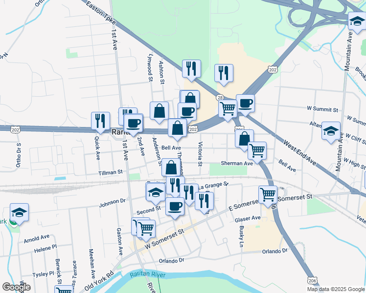 map of restaurants, bars, coffee shops, grocery stores, and more near 626 Thompson Street in Raritan