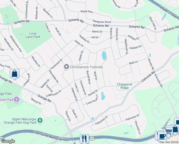 map of restaurants, bars, coffee shops, grocery stores, and more near 218 Wolf Drive in Allentown