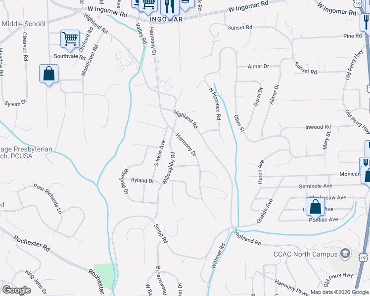 map of restaurants, bars, coffee shops, grocery stores, and more near 9310 Harmony Drive in Pittsburgh