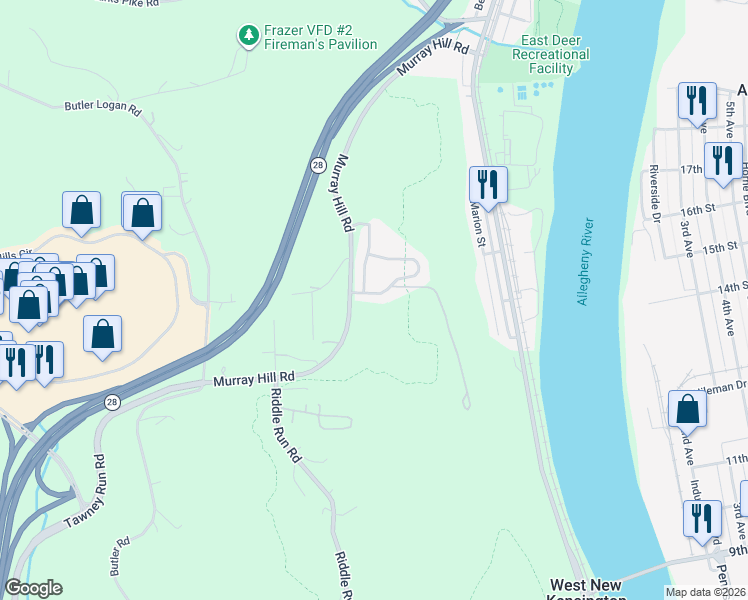 map of restaurants, bars, coffee shops, grocery stores, and more near 115 Cambria Hill Drive in Tarentum