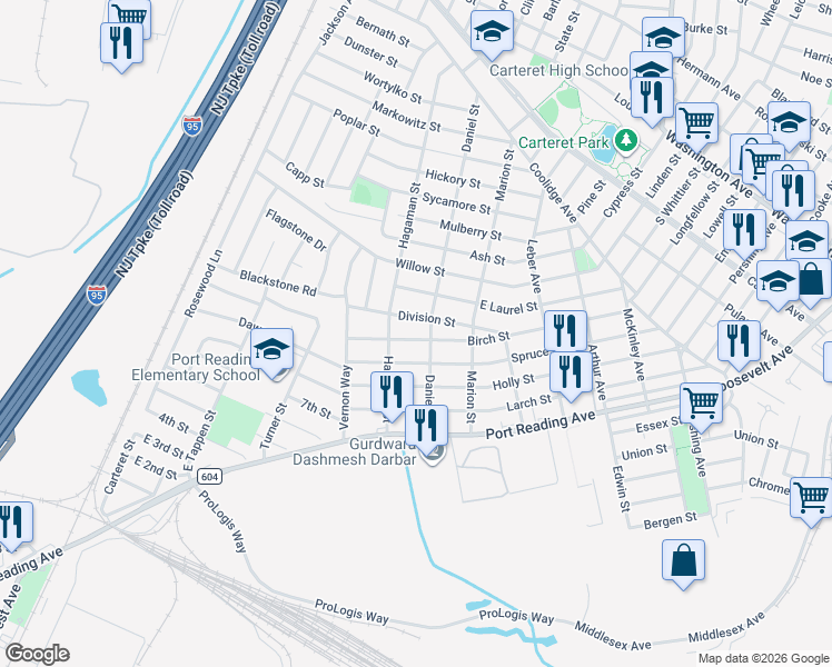 map of restaurants, bars, coffee shops, grocery stores, and more near 59 Birch Street in Woodbridge Township