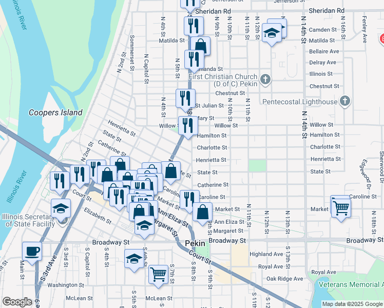map of restaurants, bars, coffee shops, grocery stores, and more near 599 Charlotte St in Pekin