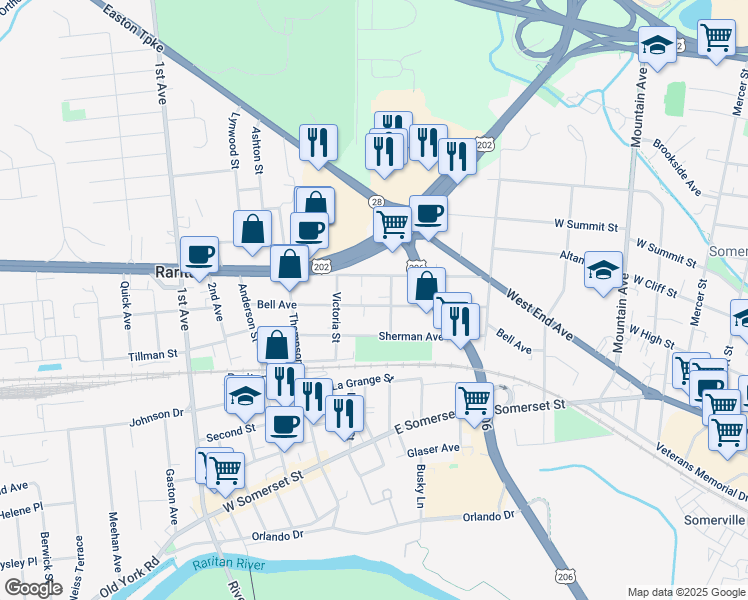 map of restaurants, bars, coffee shops, grocery stores, and more near 208 Bell Avenue in Raritan