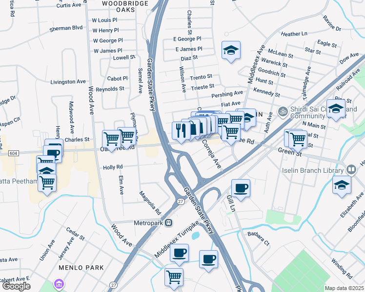 map of restaurants, bars, coffee shops, grocery stores, and more near 1437b Oak Tree Road in Woodbridge Township