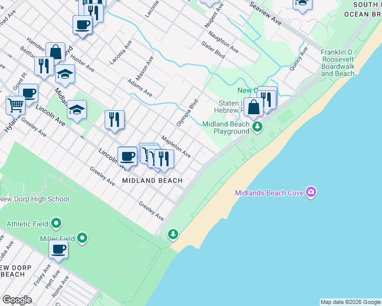 map of restaurants, bars, coffee shops, grocery stores, and more near 743 Patterson Avenue in Staten Island