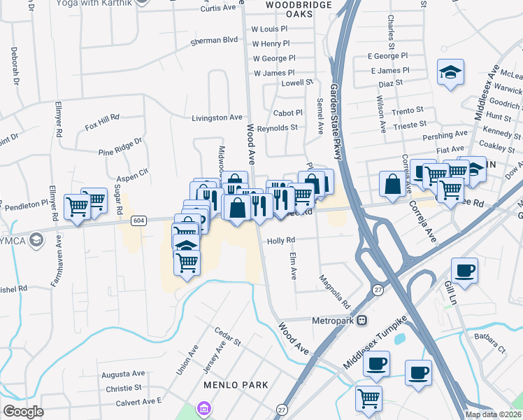 map of restaurants, bars, coffee shops, grocery stores, and more near 44 Adams Street in Woodbridge Township
