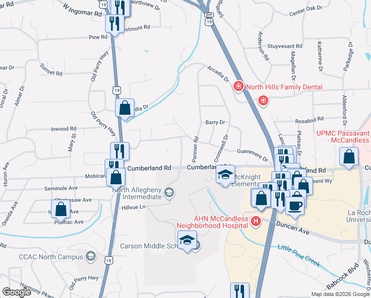 map of restaurants, bars, coffee shops, grocery stores, and more near 9149 Pannier Road in Pittsburgh