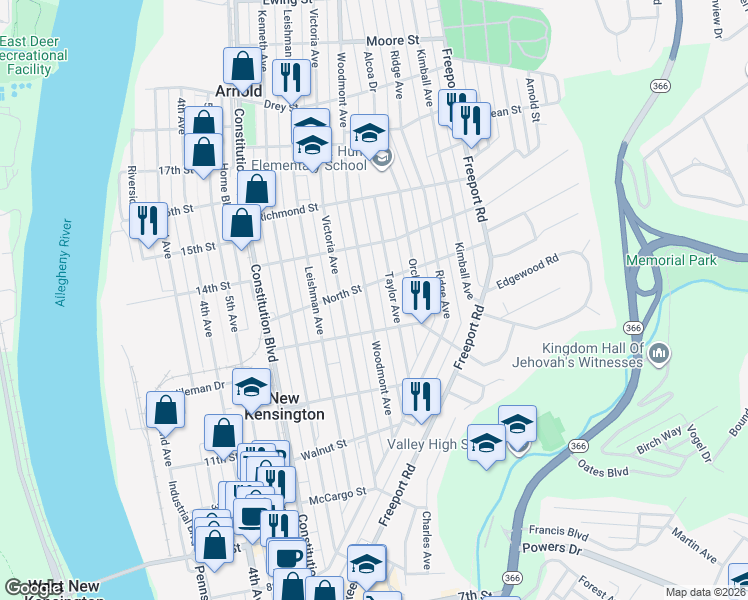map of restaurants, bars, coffee shops, grocery stores, and more near 1336 Woodmont Avenue in New Kensington