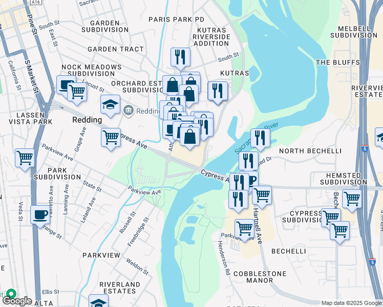 map of restaurants, bars, coffee shops, grocery stores, and more near 145 Locust Street in Redding